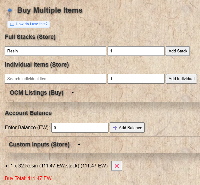 Buy section showing an item added to the buy cart list