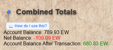 Combined Totals section showing net balance and projected balance after transaction