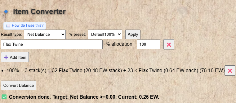 Item Converter showing two items with 50/50 split and the resulting quantities