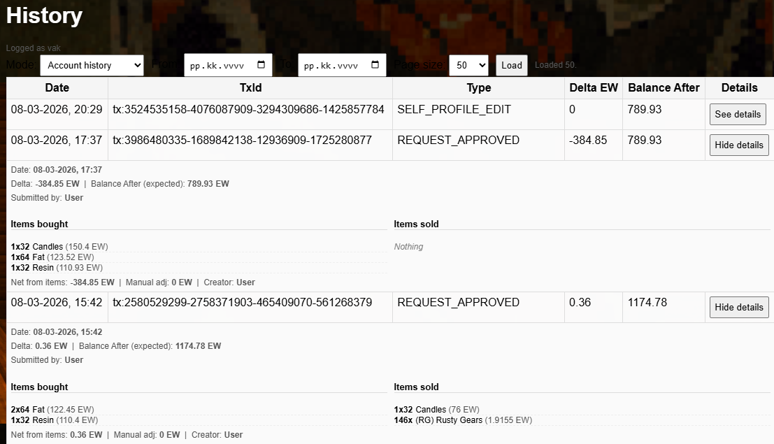 Account history table showing date, type, delta, and balance after columns