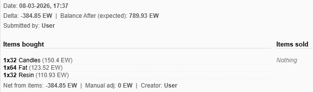 History row with the See Details panel expanded showing items bought and sold