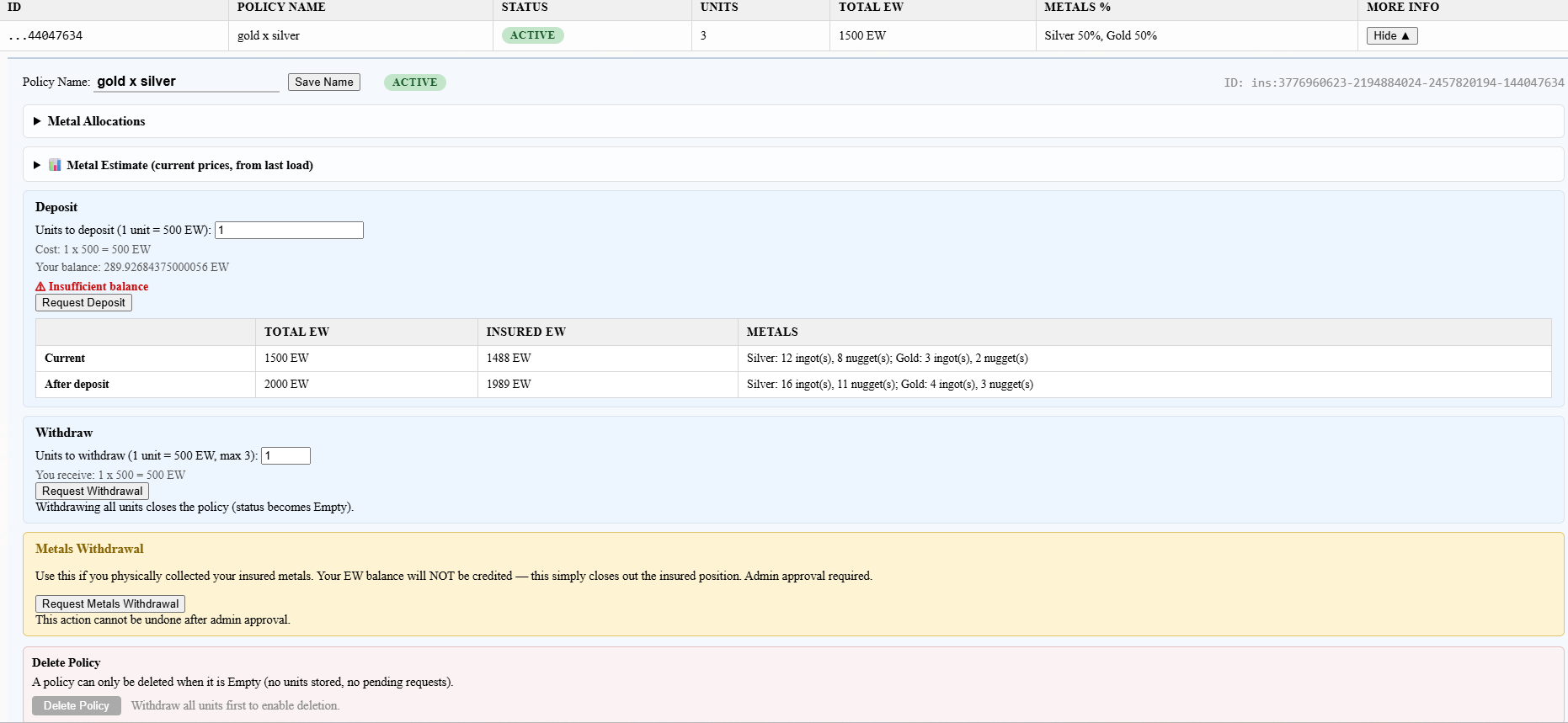 Active insurance policy showing reserved units, metal breakdown, and withdrawal buttons