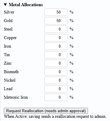 Insurance allocation editor showing metal names and percentage inputs