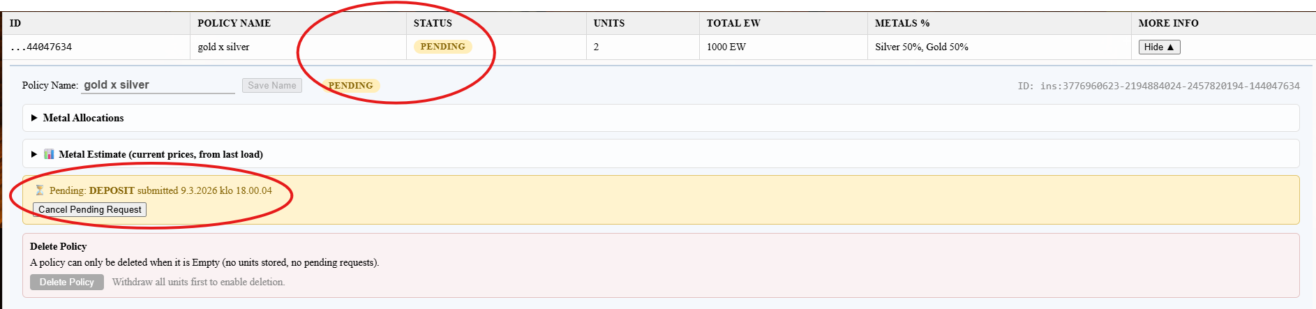 Insurance policy showing Pending status after a deposit request was submitted