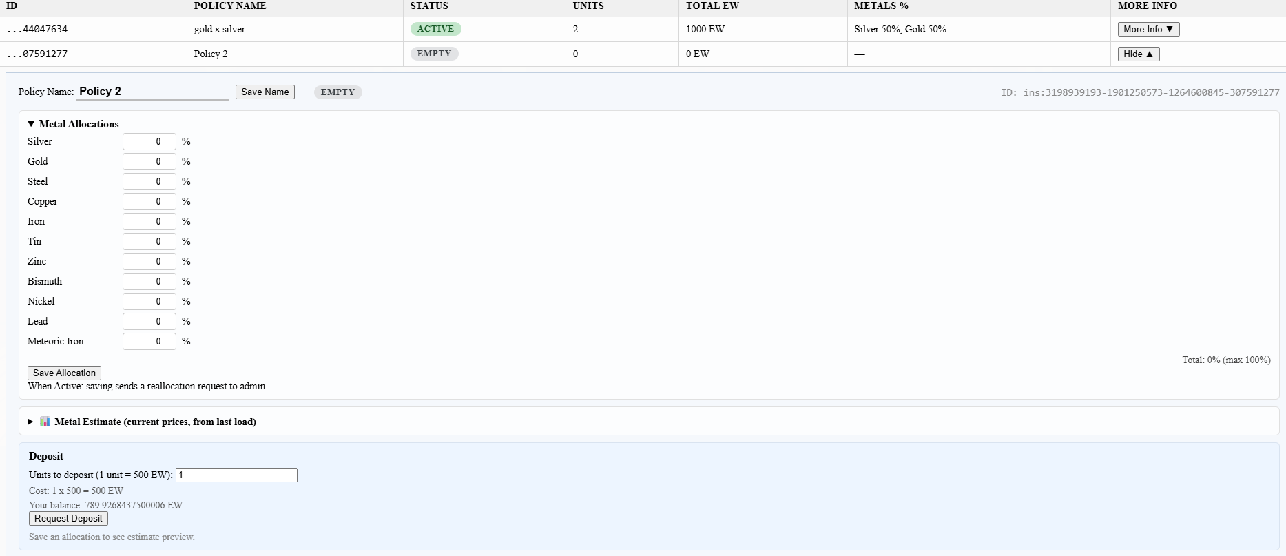 Newly created insurance policy showing Empty status