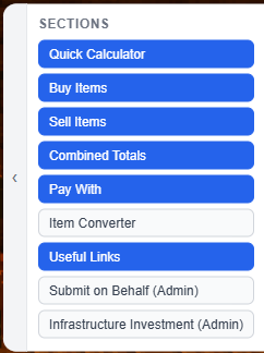 Section navigation panel showing list of store sections
