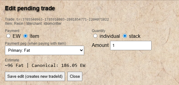 Edit trade dialog showing quantity and payment method options