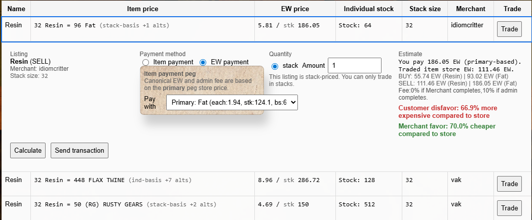 OCM listings table showing item name, prices, stock, and trade button