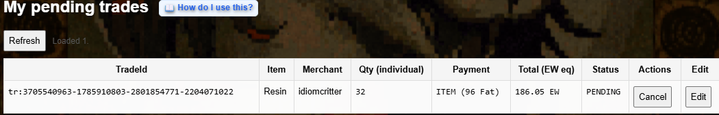 My pending trades table showing a pending trade with Cancel and Edit buttons