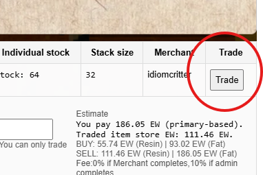 Close-up of the Trade button on an OCM listing row
