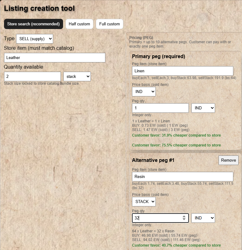 OCM Merchant listing creation form showing store search tab with item and peg configured