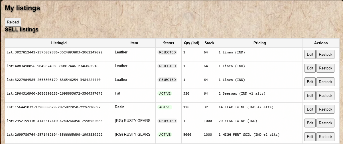 My listings table showing active SELL listings with Edit, Restock, and Pause buttons