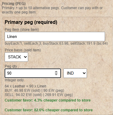 Peg configuration box showing primary peg item and multiplier settings