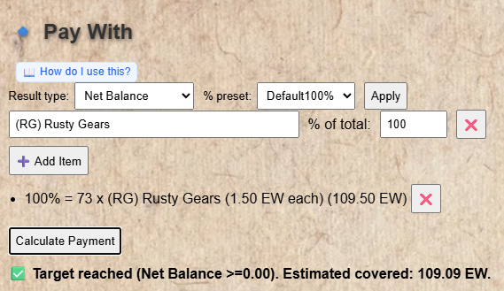 Pay With section showing an item added with percentage and the resulting quantity calculated