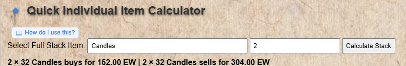 Quick calculator showing buy and sell prices for a selected item