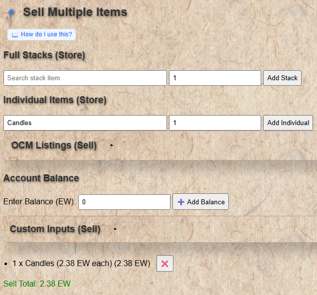 Sell section showing an individual item added to the sell cart