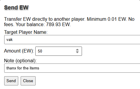 Send EW modal showing player name and amount fields