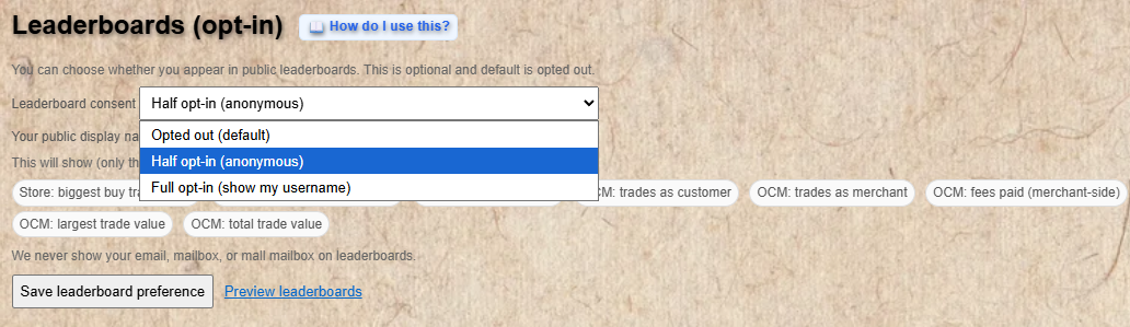 Leaderboard consent dropdown showing Opted out, Half opt-in, and Full opt-in options