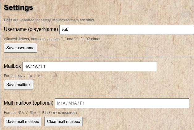Account Settings page showing the Mailbox input with correct format example